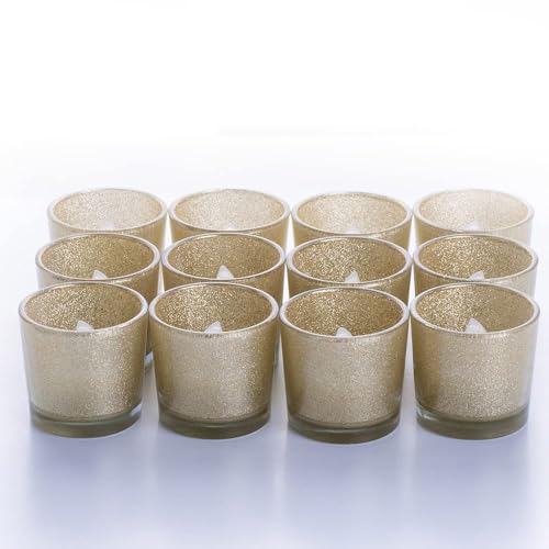 Gold Votive Candle Holders, BeMoment Glitter Glass Tealight Candle Holder for Christmas, Wedding Decor and Home Decor, Festival, Xmas, Holiday, Set of 12(2”×2”)