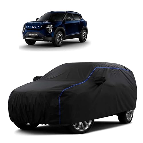 Image of Sulfar 100% Water Resistant Car Body Cover Compatible with Mirror for Mahindra XUV 3XO EV (Triple Stitched, Full Bottom Elastic, Black Tafetta with Blue Piping)