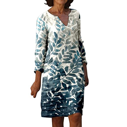 Kleid Damen Winter, Baumwolle Leinen Blusenkleid V-Ausschnitt Langarm Midi Kleider Sommerkleid Knielang Leinenkleider Casual Drucken Freizeitkleid...