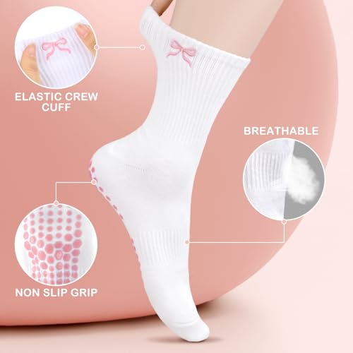 Jeyiour 5 Pairs Coquette Bow Socks for Women Pure Cotton Non Slip Pilate Grips Socks with Embroidered for Yoga Barre Ballet3