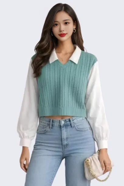 Image of Regular Fit Collared Knit Top for Women, Long Sleeve Casual T-Shirt, Black and White, Rib-Knit Material, Korean Trendy Style