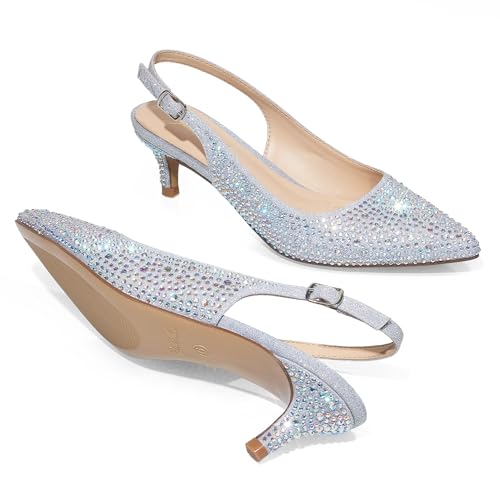 GENSHUO Women's Slingback Kitten Heels Pumps Shoes for Women Dressy Low Heel Closed Pointy Toe Comfortable Wedding Heels for Bride Silver Rhinestone 7 by GENSHUO - Used condition - Image 7
