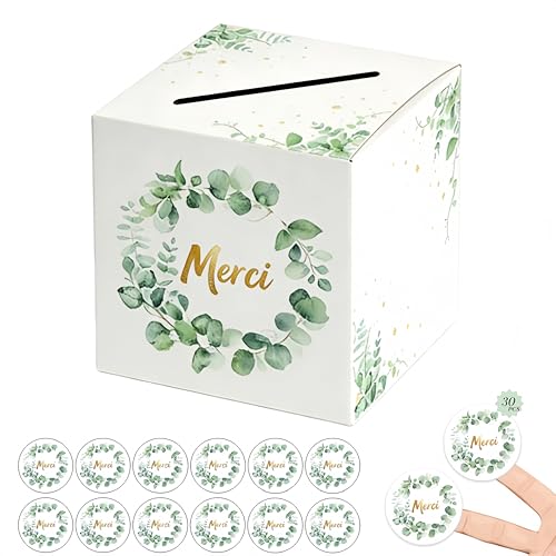 CaiTang Urne Mariage Boîte à enveloppe de Cartes +30pcs Merci autocollant, Urne mariage Carton Blanc pour Baptême Anniversaire (22cm)