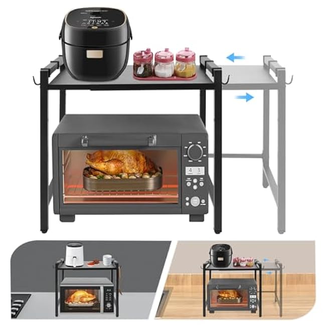 Adjustable Extendable Microwave Oven Rack - 2-Tier Expandable Kitchen Shelf 15.7-25.2 L x13-17 H with 6 Tool Hooks & 66 lbs Capacity for Small Spaces Countertop Organization