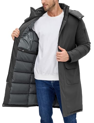 Voqeen Abrigos Hombre Invierno Largo Cálido Chaqueta Acolchada Grueso con Capucha Desmontable Termico Cazadora con Bolsillos Múltiples al Aire Libre