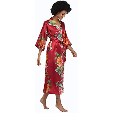 SUGAR JAN Women's Long Floral Satin Kimono Robes Bridal Party Dressing Gown Soft Sleepwar Loungewear,Wine S/L Cover