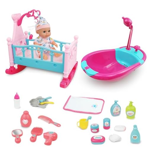 RedCrab Cuna Bañera Juguete para Muñecas, 2 en 1 Cama de Muñecas y Bañera con Ducha Funcional, 24 Piezas Set Accesorios Muñecas Bebe con Cama en Miniatura,Accesorios de Aseo y Alimentación y Muñeca