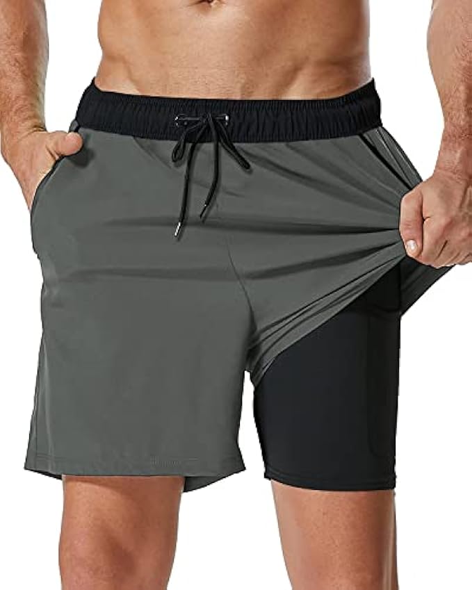 SILKWORLD Quick Dry Mens Swimming Trunks with Compression Liner Bathing Suit Swim Shorts with Zip Pockets