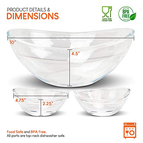 EXULTIMATE Acrylic Chip And Dip Bowl Space Saving Chip and Dip Serving Set with 2 Removable Smaill Dip Bowls Clear Acrylic Salsa And Chip Bowl Snack Serving Chip and Dip Server, 3 Pc Set