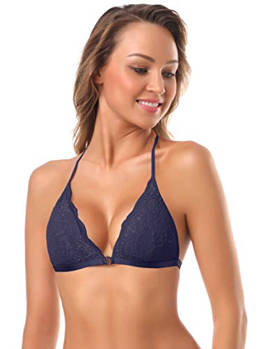 Image of SHEKINI Women's Embroidered Triangle Bra Front Closure Plunge Wireless Lightly Lined Lace Bralette Top