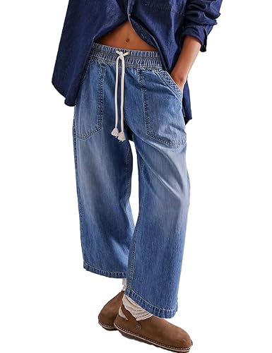 Zontroldy Women's Drawstring Mid Waisted Wide Leg Jeans Loose Fit Straight Leg Denim Pants with Pockets(1476-Navy-M)