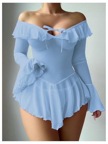 Image of OYOANGLE Women's 2 Piece Off Shoulder Long Sleeve Ruffle Mesh Sheer Nightgowns with Thongs Babydoll Lingerie Set
