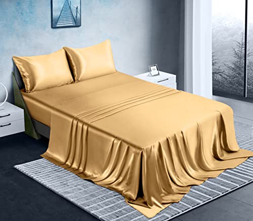 Manyshofu Satin King Sheets Set 4 Piece - Soft Silky Satin Sheets Set, Camel Gold Satin Bed Sheets Cooling & Luxury Bedding Sheet Set(1 Satin Fitted Sheet, 1 Satin Flat Sheet, 2 Satin Pillow Cases) #TOP1