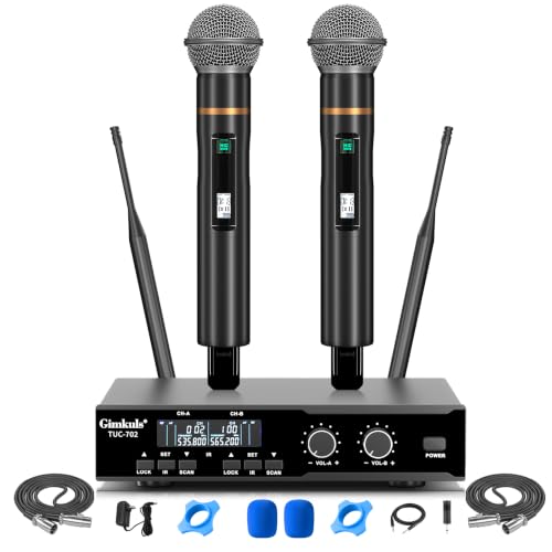 Gimkuls Wireless Professional Microphone System, Cordless Handheld Dynamic Mic, Dual UHF 200-Channel, Metal Microphones 328ft Long Range for Karaoke, Church, DJ, Wedding, Singing