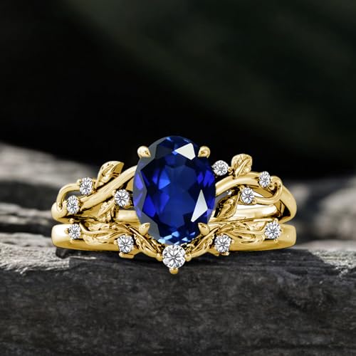10K 14K 18K Solid Gold 2 Carat Oval Cut Gemstone Engagement Ring Set for Women Inspired Leaf Birthstone Ring with Moissanite Vintage Bridal Wedding Rings Set Anniversary Christmas Gift Size 4-153