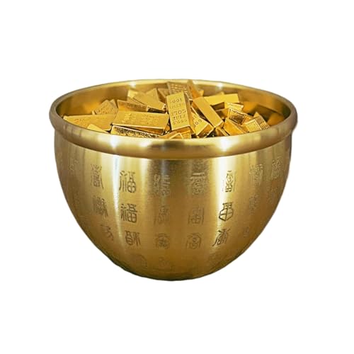 22Trendstyle24 Money Bowl – Chinese Wealth Bowl Feng Shui, Brass Bowl with 350 Gold Bricks, Hundred Fortunes Lucky Treasure Jar 500g, for Home Office Altar Desk Decor 7x7x5cm