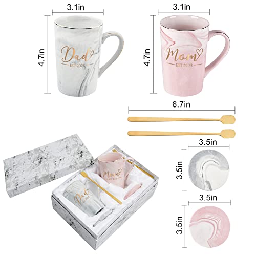 Yhrjwn - Dad Mom Est 2023 - New Parent Gifts - Dad Mom Coffee Mug For Couples - Pregnancy Announcement Parent To Be Gifts - Anniversary Christmas Gifts- Marble Set 14 Oz With Gift Box Coaster Spoon #TOP5