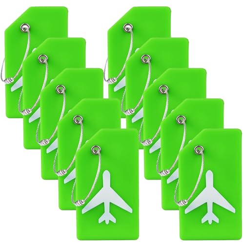 Image of Gostwo 10 Pack Silicone Luggage Tags for Suitcases, Plane Travel Essentials | Suitcase Bag Name Tag, TSA Approved, Stainless Loop, Privacy Protection, Luggage Identifiers Accessories, Green