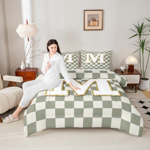 Image of Erosebridal Sage Green Checkered Kids Comforter Sets Plaid Initial M King Bedding Set for Adults Personalized Monogram Comforter Set,Fashion Grids Gingham Quilt Duvet 3 Pcs