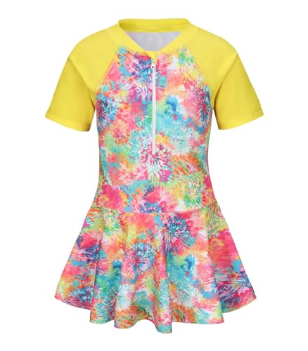 Image of Girls One Piece Swimsuits Short Sleeve Swim Dress for Girls Hawaiian Skirted Bathing Suit Summer Swimwear 3-16 Years