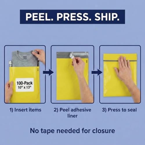 Image of BOX USA Shipping Bags 10 inch x 13 inch (100-Pack) Yellow - Heavy Duty Self-Adhesive Envelope Poly Mailers for Packing, Secure Shipping, & Small Business Mailing