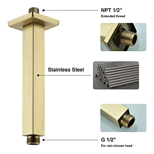 Brushed Gold Shower Arm With Flange 6 Inch Straight Stainless Steel Top Rainfall Shower Head Extension Pipe Square Shaped #TOP3