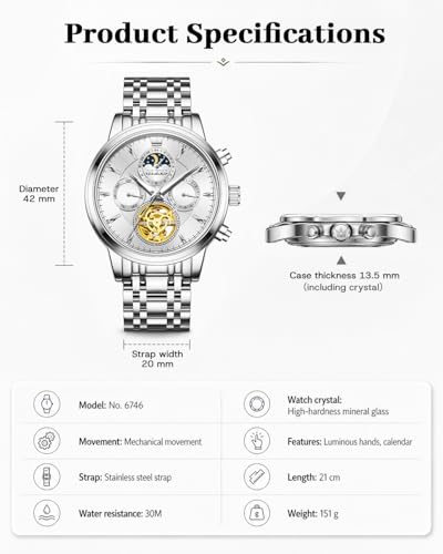 Image of OLEVS Men Automatic Skeleton Watch - Luxury Stainless Steel Calendar Moon Phase Mechanical Dress Wrist Watch with Luminous, Waterproof Self-Wind (Gold /Silver /Blue /Black)