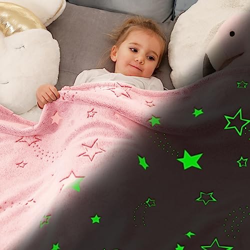 Cozy Bliss Glow In The Dark Throw Blanket, 40"X50", Premium Super Soft Fuzzy Fluffy Warm Cozy Powder Plush Blanket With Stars, Gift For Kids Girls Boys (Pink) #TOP16