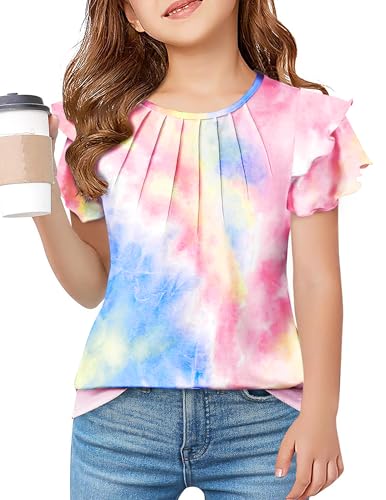 Image of Arshiner Girls T Shirts Ruffle Short Sleeve Summer Pleated Crewneck Casual Tops Tees Blouses