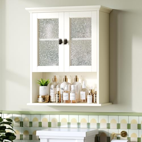 Wall-Mount-Bathroom-Storage-Cabinet-Medicine-Cabinet-with-Tempered-Glass-Door-and-Buffering-Hinge-Over-Toilet-Storage-Cabinet-Wall-Mounted-Organizer-Above-Toilet-Storage-Cabinet-Cream-White Wall Mount Bathroom Storage Cabinet Medicine Cabinet with Tempered Glass Door and Buffering Hinge Over Toilet Storage Cabinet Wall Mounted Organizer Above Toilet Storage Cabinet Cream White