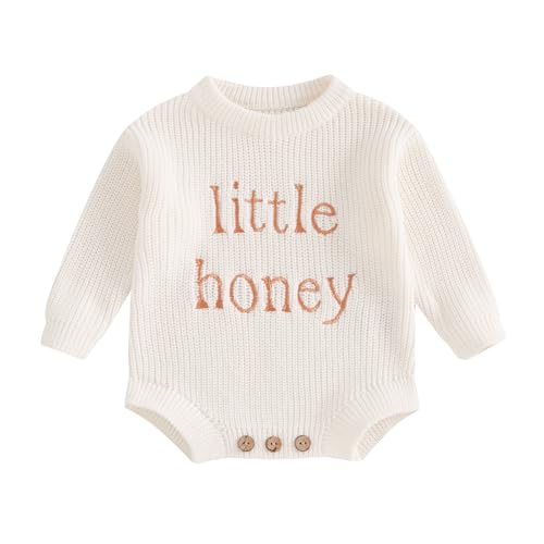 Lesimsam Newborn Baby Boy Girl Valentines Outfit Oversized Embroidery Long Sleeve Knit Sweater Bubble Romper Bodysuit