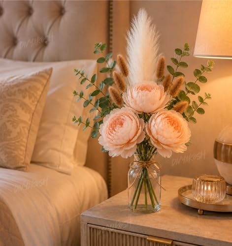 Image of Divyakosh Artificial Flowers for Vase (Vase Not Included) Light Peach Peony Bouquet with Eucalyptus, Bunny Tails & Pampas Grass for Living Room, Table Centerpiece, Home Decor