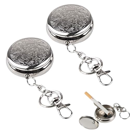 OUDQFCJ 2 Pcs Cenicero Portátil de Bolsillo, Mini Cenicero de Acero Inoxidable para Vehículo con Llavero, Ideal para Viajes, Camping y Exterior, Moderno y Elegante en Color Plateado