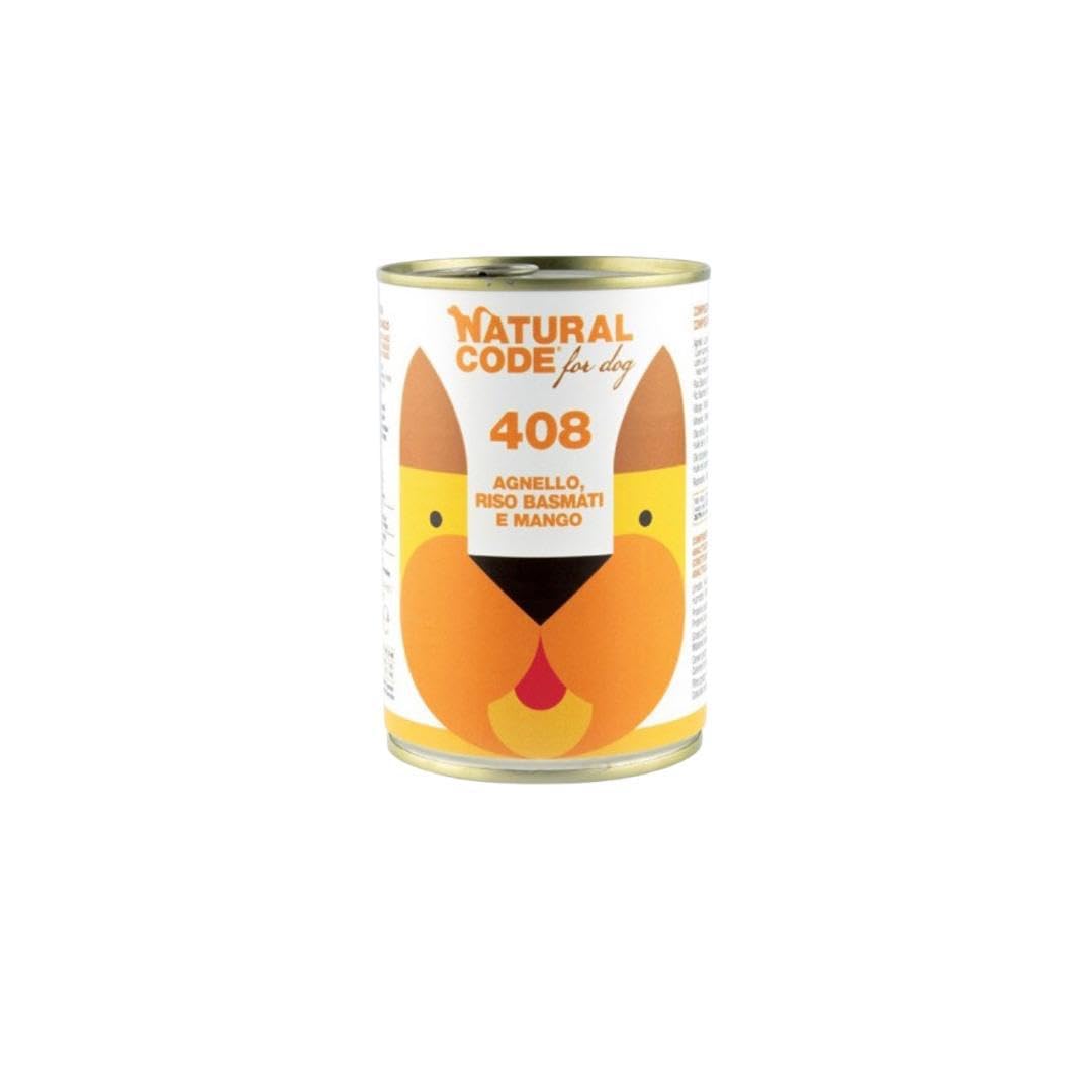 Natural Code - Comida húmeda para perro número 408, sabor cordero, arroz y mango. Alimento completo en pelusas para perros adultos de todas las tallas y razas en lata. 6 latas de 400 gramos cada una