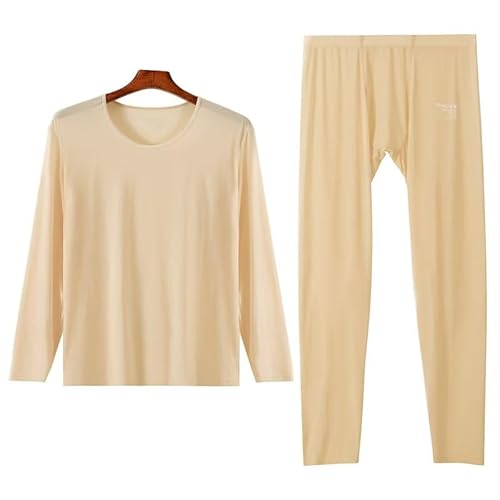 HUBGFEQ 2Pcs Thin Thermal Long Johns Set Solid Color Ice Silk Long Sleeve Tops+Bottom Underwear Clothing-Nude-M