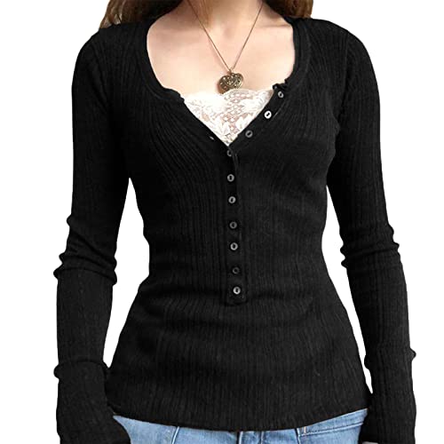 Image of Fairy Grunge Shirts for Women Y2K Tops Long Sleeve Lace Patchwork Tees Teen Girls Vintage Slim Blouse Fall Clothes