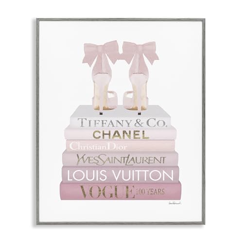 Image of Stupell Industries Chic Pink Bow Shoes Glam Fashion Bookstack, Designed by Amanda Greenwood Gray Framed Wall Art, 16 x 20 | Stupell Industries . By Amanda Greenwood . Ready to hang once unboxed . Giftable decor for home . Made in USA