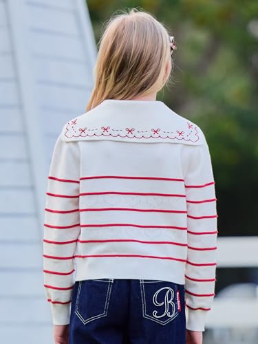 Girls White Cardigan Sweater Stripes,Sailor Collar Long Sleeve Knit Button Down Front,Kid Fall Tops for 6-16Y4