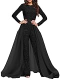 VENNYNG Sequins Formal Jumpsuit with Overskirt Detachable Train Size 10 Long Prom Evening Outfits Black
