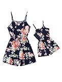PATPAT Mommy and Me Matching Rompers Floral Print Suspender Sleeveless Crewneck Matching Jumpsuits for Girl 8-9 Years