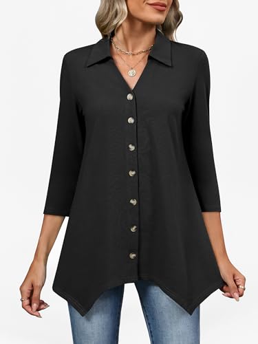 ANRABESS 3/4 Sleeve Tunic Tops for Women Lapel V Neck Button Down Shirts Business Dressy Casual Blouse with Asymmetrical Hem2
