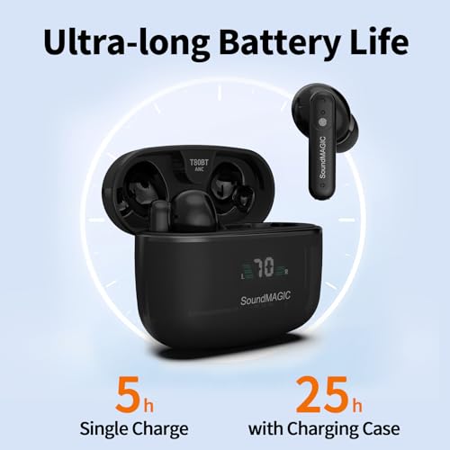 Image of SoundMAGIC T80BT True Wireless Earbuds, Hybrid ANC, HiFi, HD Calls, Black | Comfortable noise reduction, Rich layered stereo, Pressure-free wear, 25hr battery, IPX5 Sweatproof, Seamless dual pairing