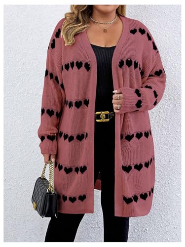 Image of MakeMeChic Women's Plus Size Long Cadigan Sweaters Casual Open Front Kint Lightweight Cadigan Heart Long Sleeve Outerwear