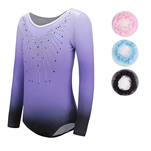Sinoeem Super high Gymnastics Leotards for Girls Long Sleeve Gradient Purple-Black Color Sparkle