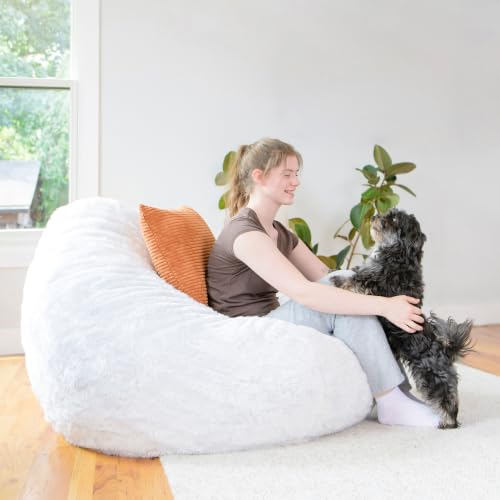 Image of Big Large Teardrop Foam Filled Bean Bag Chair with Removable Cover, Ivory Short Shag, 4 feet Big | Premium Shredded Foam Filled, Short Shag, Adult-Sized Comfortable Seating, Supports Up to 300 lbs, Perfect for Reading Nook