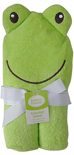 Image of Luvable Friends Unisex Baby Cotton Animal Face Hooded Towel, Frog, One Size