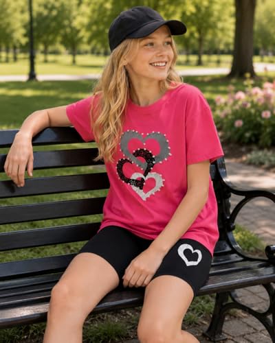 Image of 9-16Y Tween Girl Clothes 2 Piece Short Sleeve Heart Print Top and Shorts Teen Girl Summer Outfits Short Set