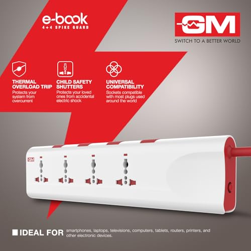 Image of GM 3061 E-Book Power Strip | 4 Universal Sockets + Individual Switches | 2m Heavy-Duty Cord | Thermal Trip Overload Protection | LED Indicator | Child Safety Shutters