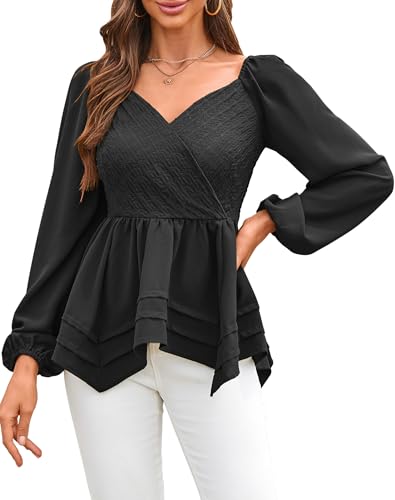 Angashion Women Tops Long Sleeve V Neck Peplum Blouse Dressy Casual Flowy Ruffle Babydoll Shirts Black Small