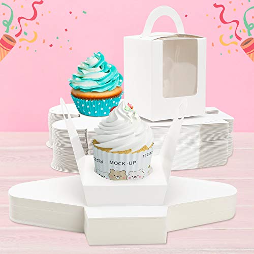80 Pcs Individual Cupcakes Boxes, Farielyn-X Portable Single White Paper Cupcake Holder Containers Carrier, White Muffin Gift Boxes with Window Inserts Handle, for Wedding Birthday Party Candy Boxes